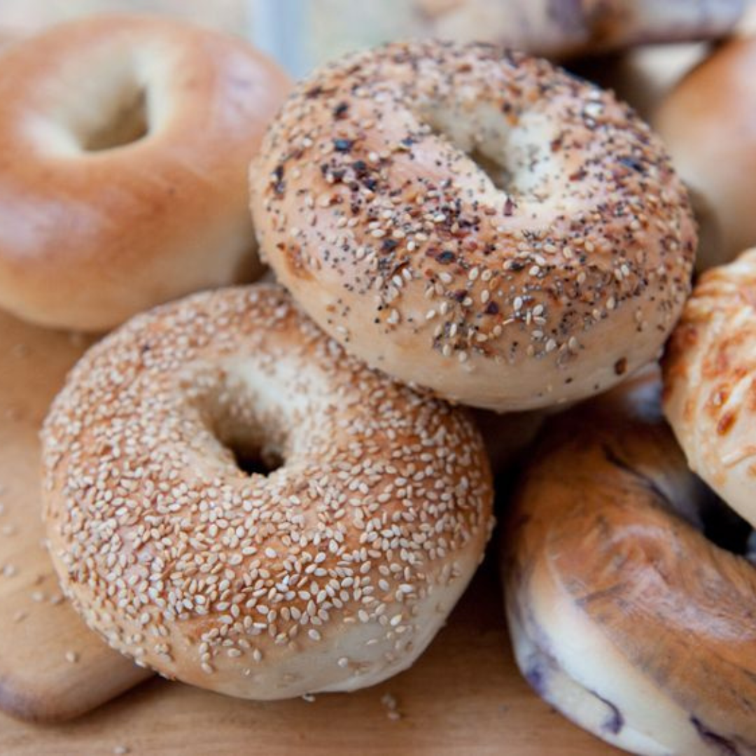 Pile of bagels, sesame seed and everything