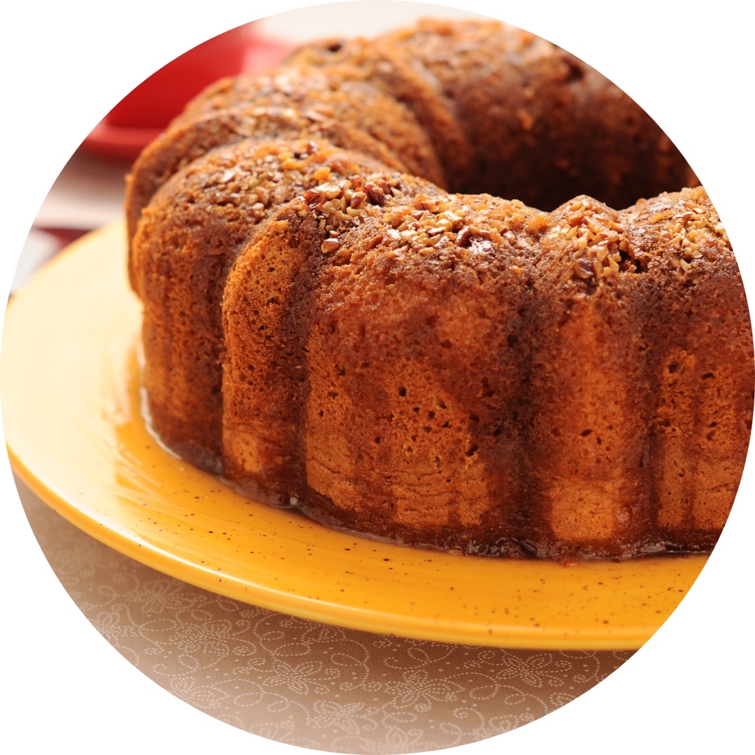 Uniced bundt cake on a yellow plate