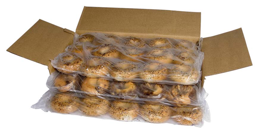 3 stacks of clear bagged bagels in cardboard box