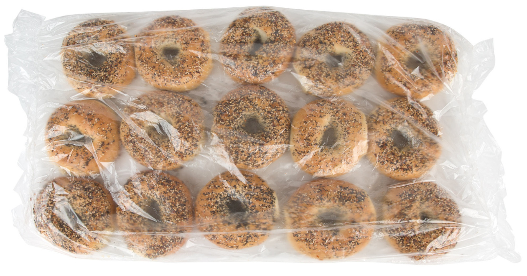 15 bagels in clear plastic pillow pack bag