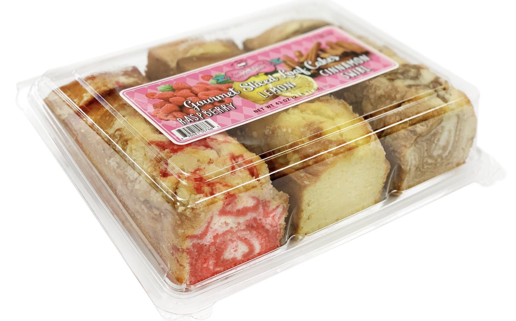 Loaf cake slices in clear container with label