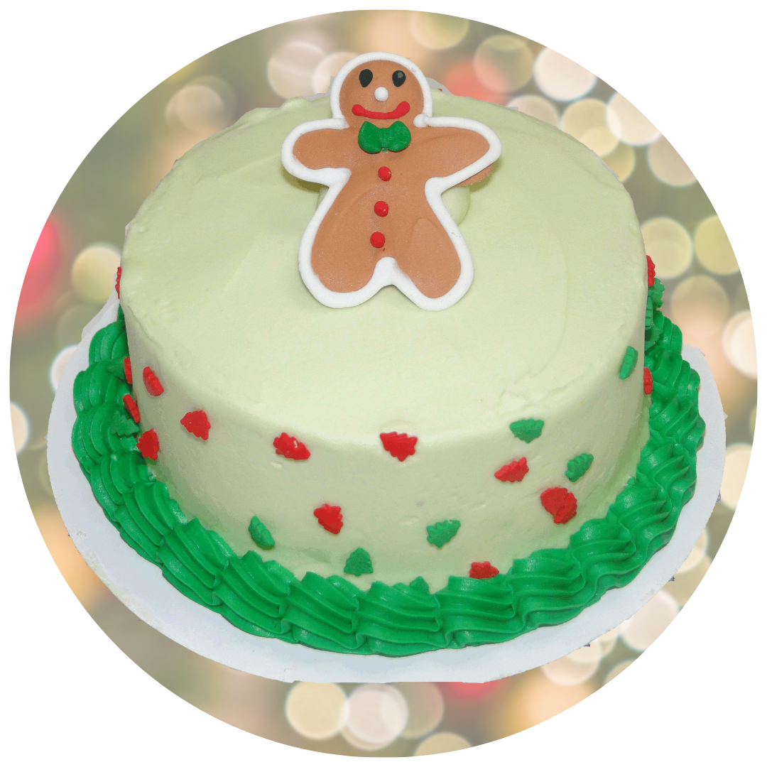 Red and green cake with gingerbread decoration