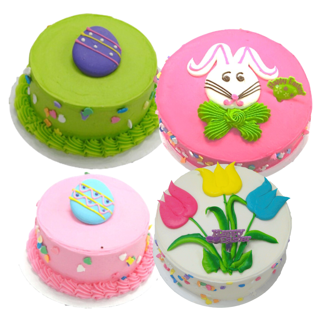 Four circle Easter cakes with various thematic decorations