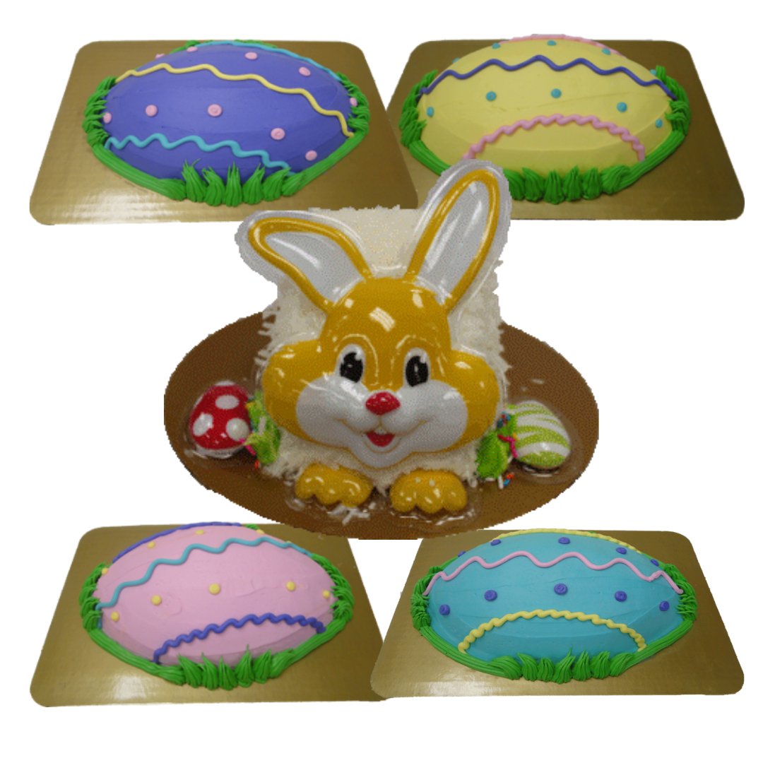 Four Easter egg shaped cakes and a bunny head cake