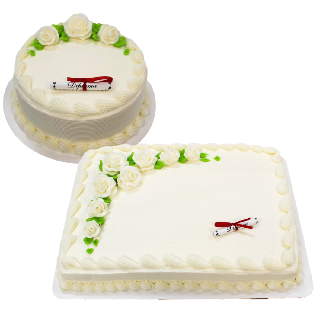 Two white cakes with flowers and diploma decorations