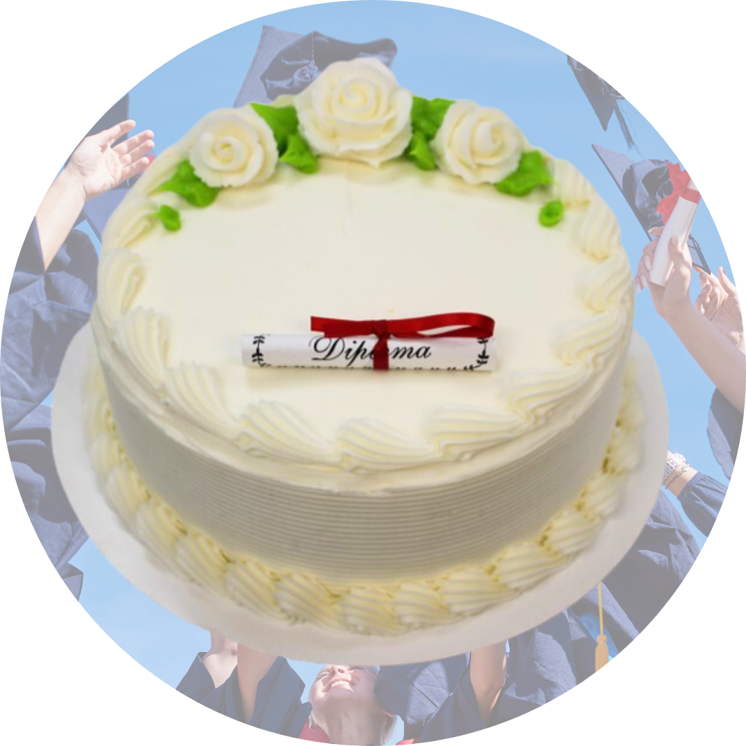 White cake with flowers and diploma decoration