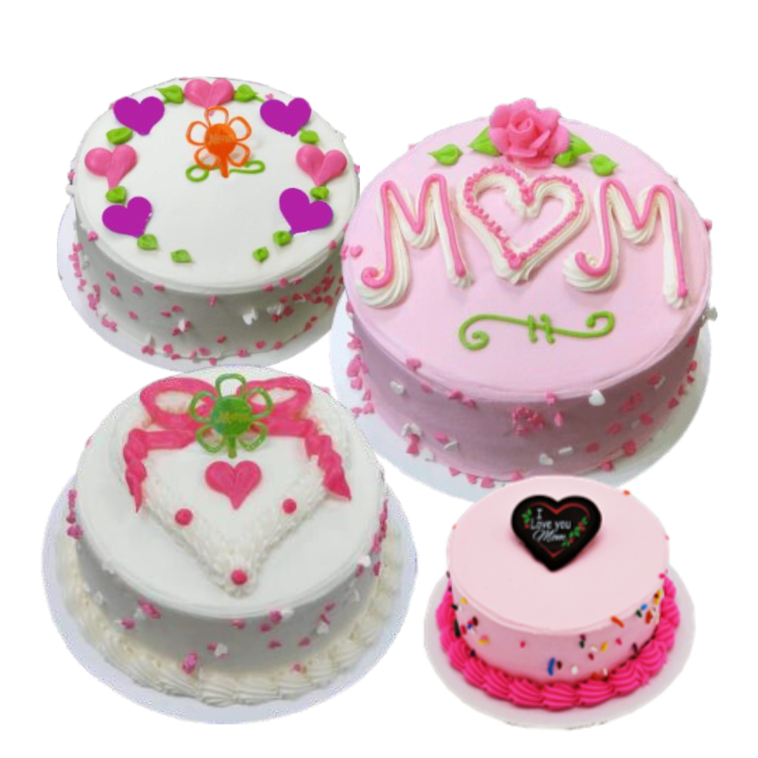 Four Mother's Day cakes with various floral and heart decorations