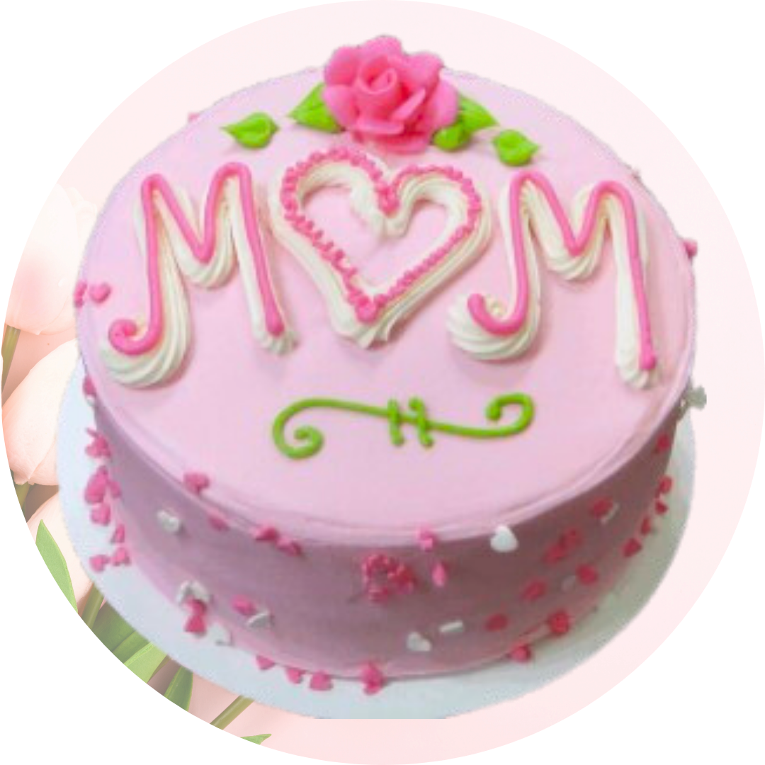 Pink cake with "MOM" written on top