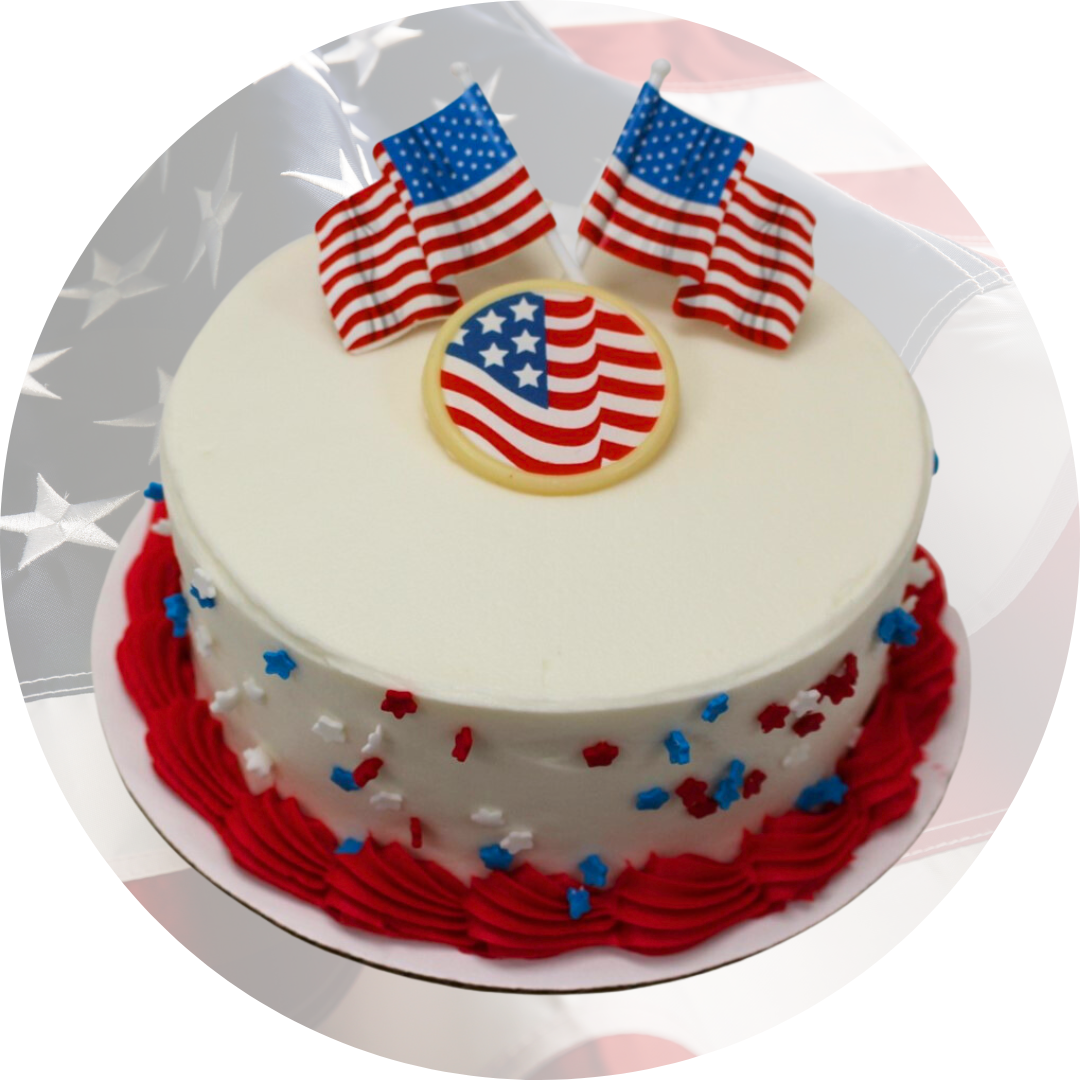 Red, white, and blue cake with flag decoration