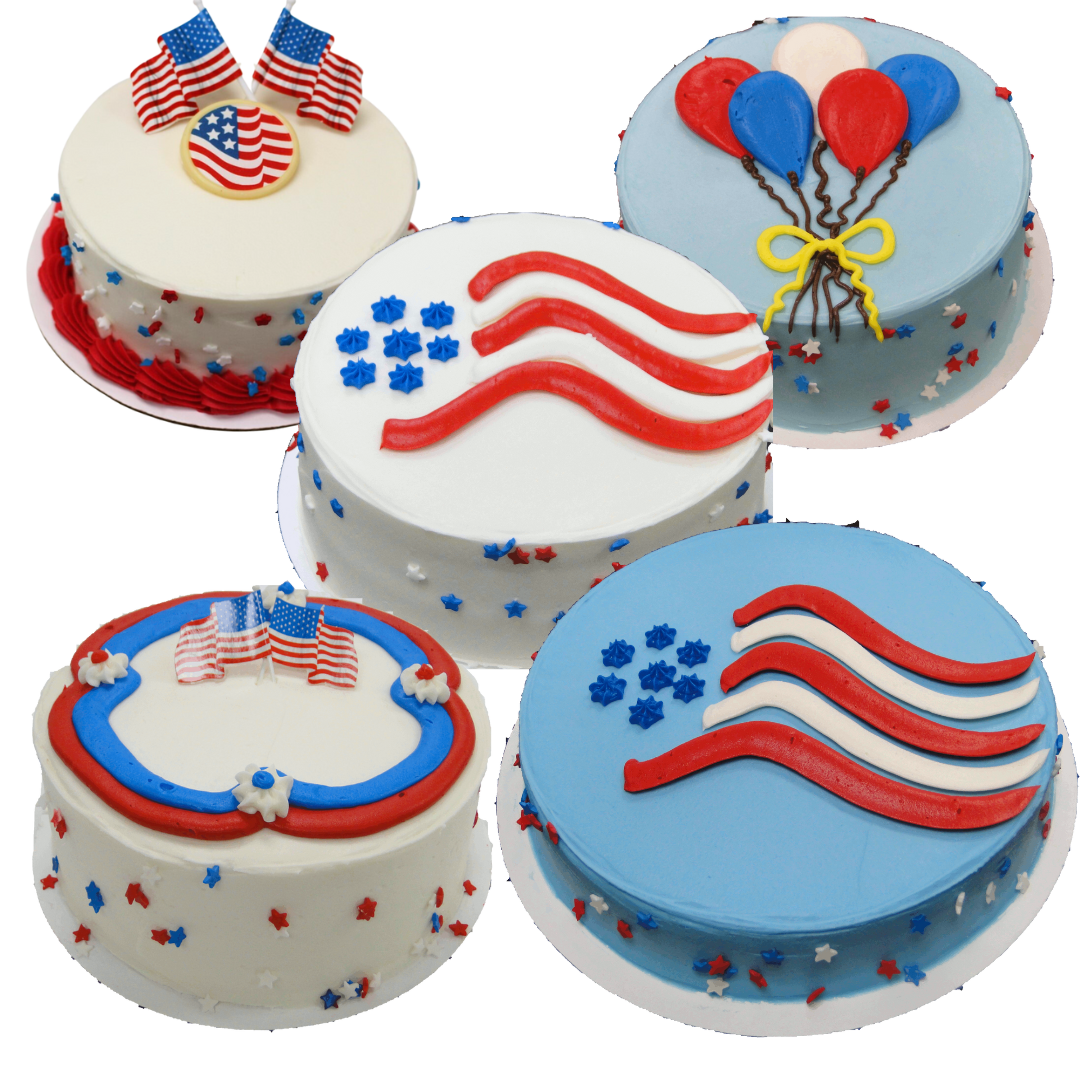 Five red, white, & blue cakes with flag and balloon decorations